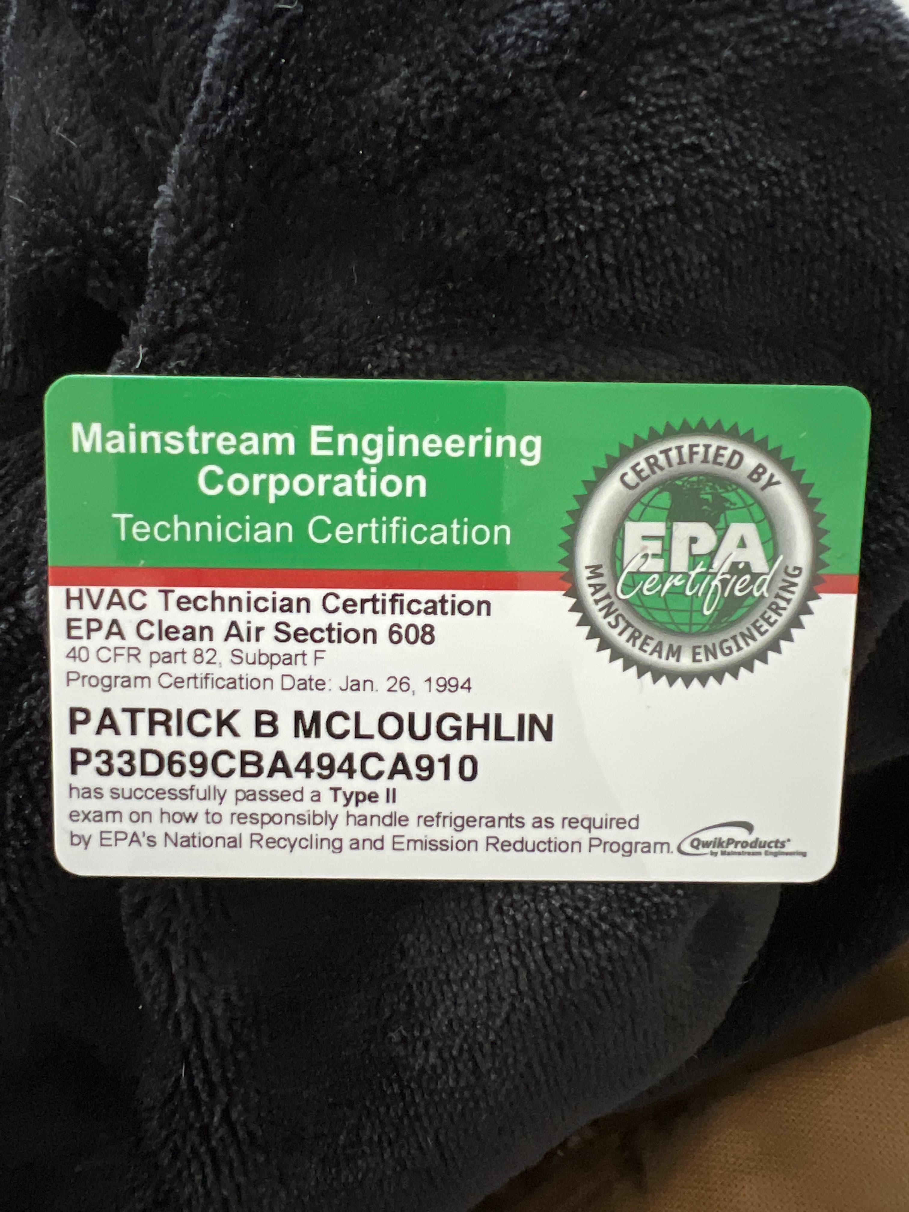 EPA Clean Air Section 608 HVAC Technician Certification card for Patrick B. McLoughlin.